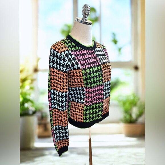 Teddy Fresh Houndstooth Cardigan Sweater Neon Colorblock Cotton H3H3 Size S - Picture 13 of 15